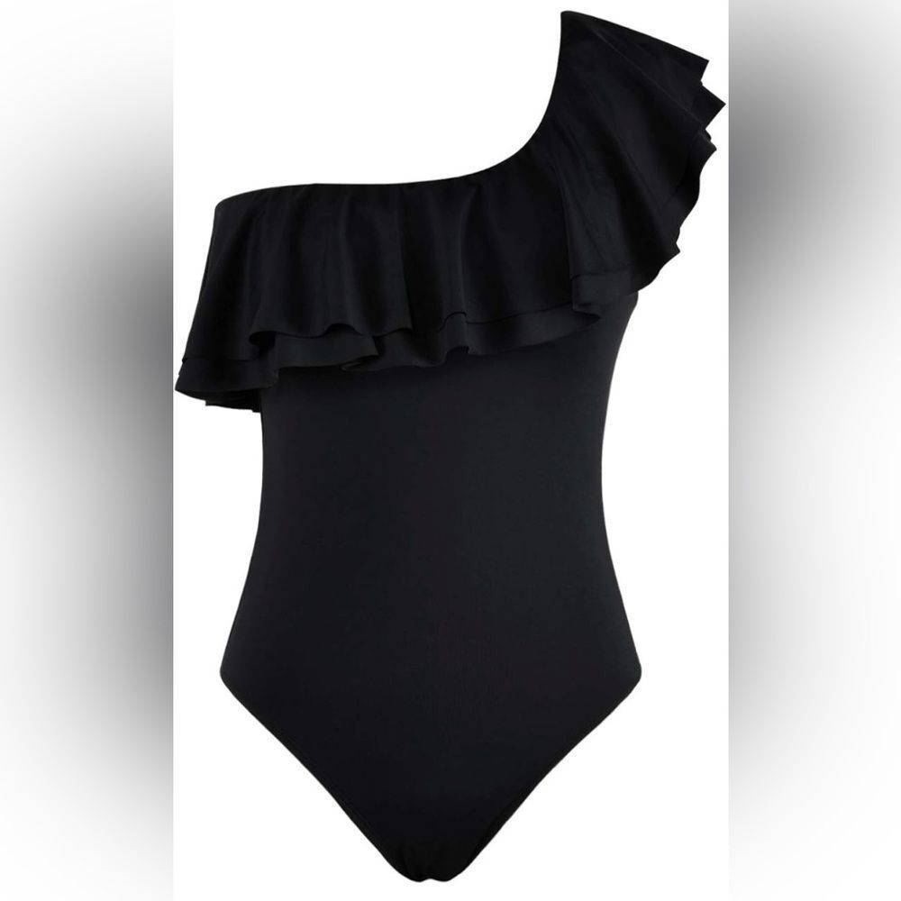 Hilor One-Shoulder Black Ruffle Swimsuit size 6 NWT
